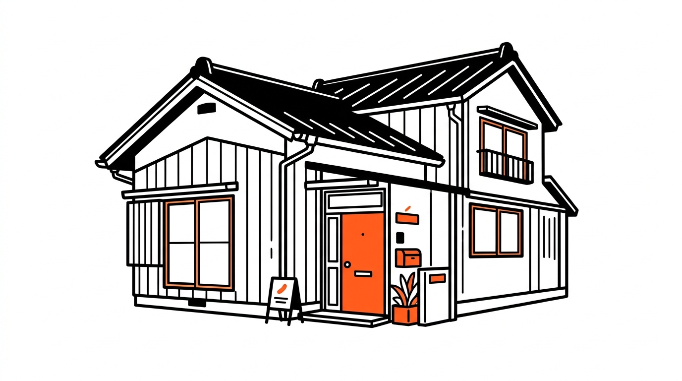 福岡の住宅街に建つ築40年、昭和後期の温かみのある一戸建て外観イラスト。