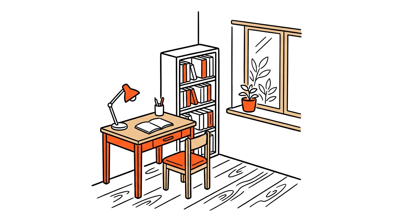 リフォームされた小さな書斎の温かい手描きイラスト。木目調の床、白い壁、小窓からの光、本棚とデスクがある落ち着いた空間。