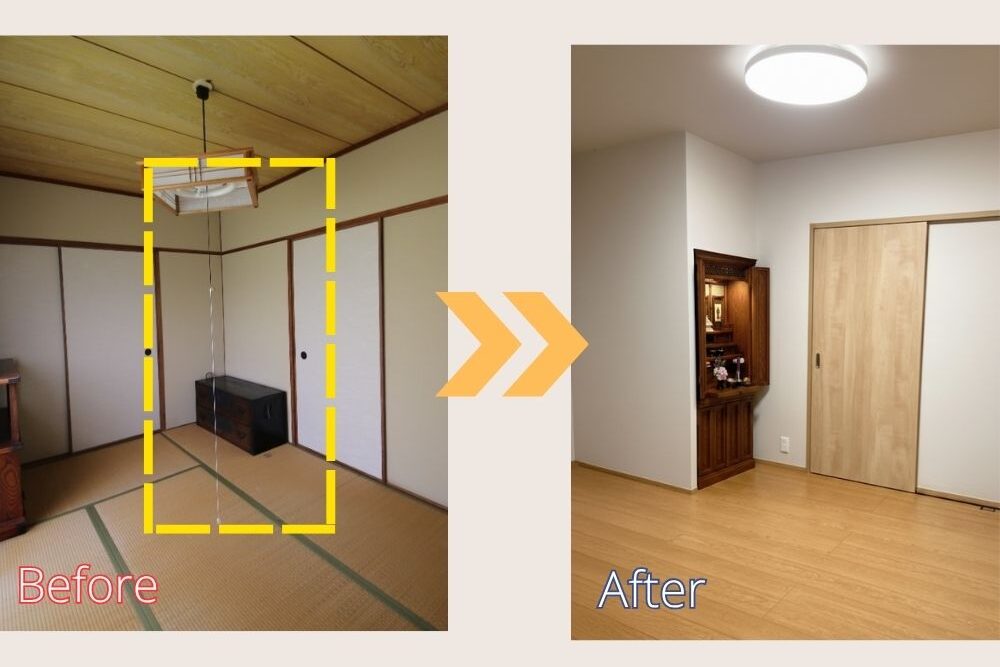 福岡市西区M様邸、和室を洋室へ改装し現代仏壇を設置したリフォーム後の室内全景。