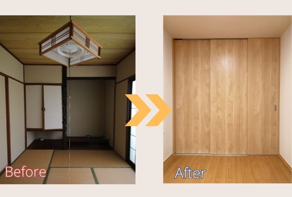 湿気がこもりやすかった和室の押入れを、使いやすく快適な収納へとリフォームしました。外壁側に面していた押入れを断熱・防湿対策し、壁一面に天井まで届く3枚扉のクローゼットを造作。奥様が大切にされている民芸家具を収納できるよう寸法を調整し、機能性と美しさを両立しています。木目の扉とフローリングが調和した温かみのある空間で、住まい全体の収納力と快適性が向上しました。