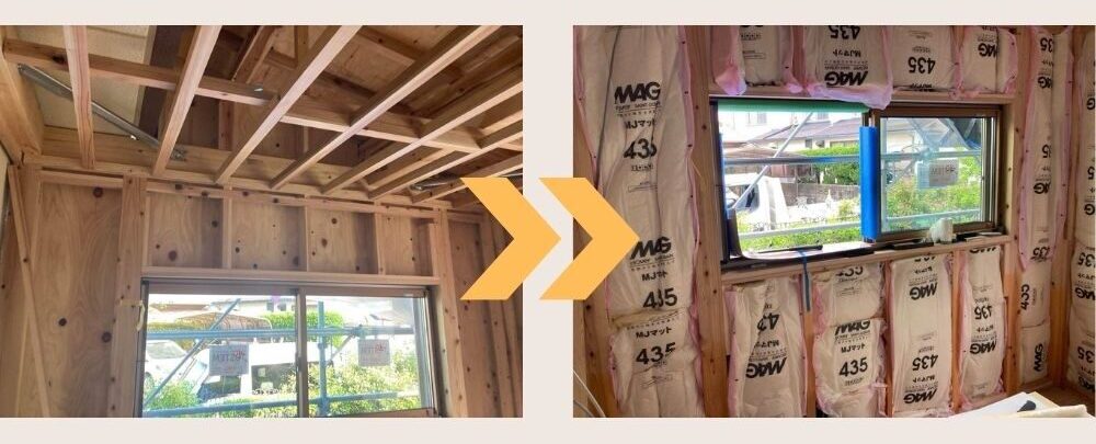 福岡市西区M様邸、床下と壁内に断熱材を丁寧に施工している様子。住まい全体の断熱性能を高め、夏涼しく冬暖かい室内環境を実現。