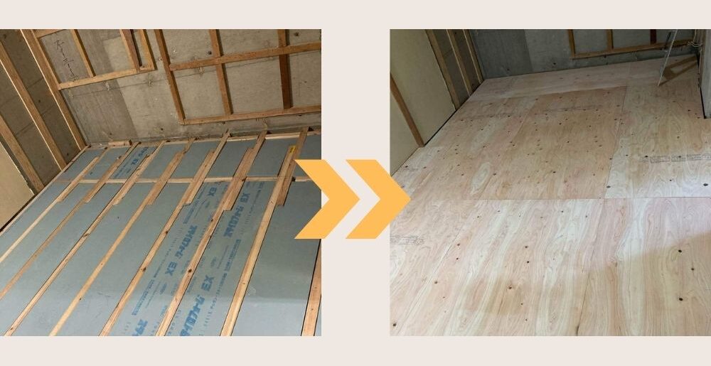 福岡市西区M様邸、床下と壁内に断熱材を丁寧に施工している様子。住まい全体の断熱性能を高め、夏涼しく冬暖かい室内環境を実現。